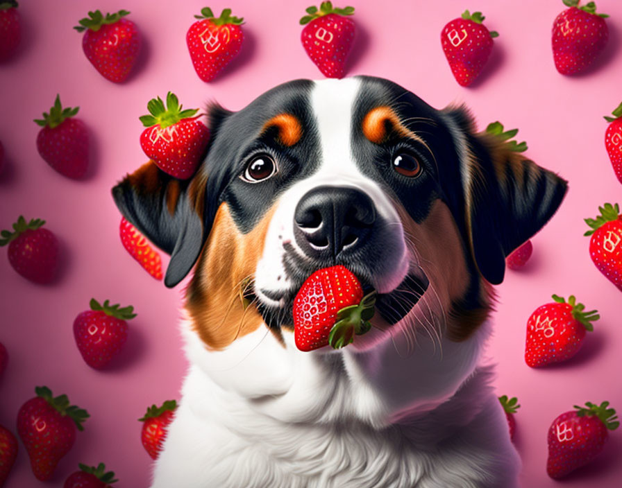 Multicolored dog holding a strawberry on pink strawberry-themed backdrop