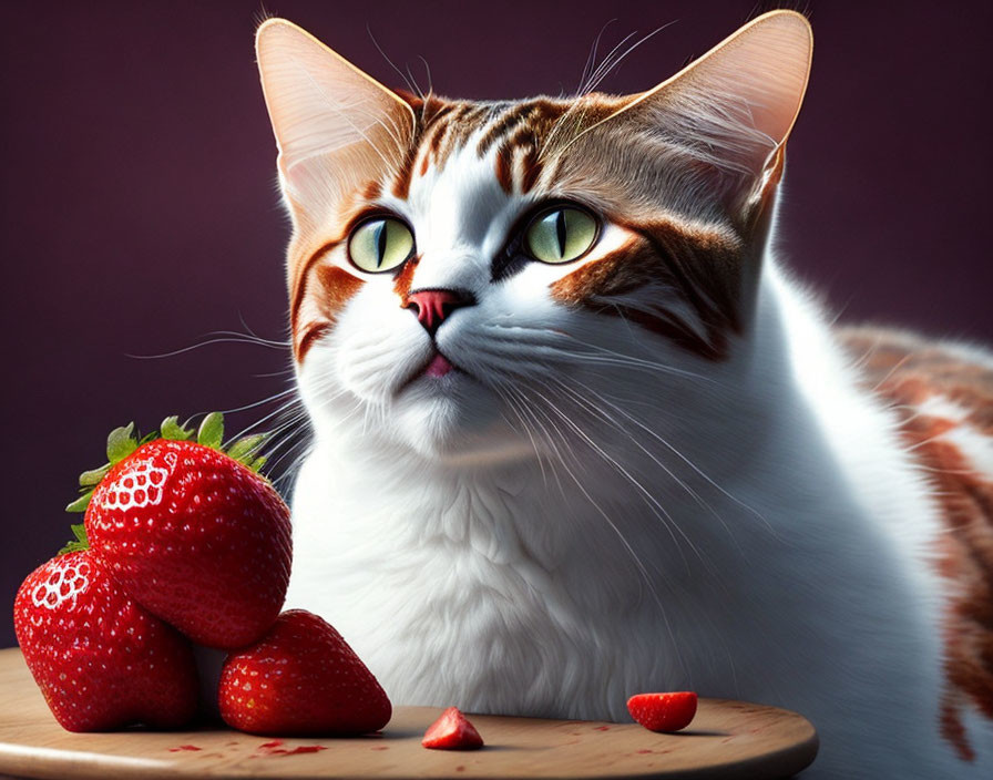 White Cat with Green Eyes and Orange Spots Observing Strawberries on Wooden Surface