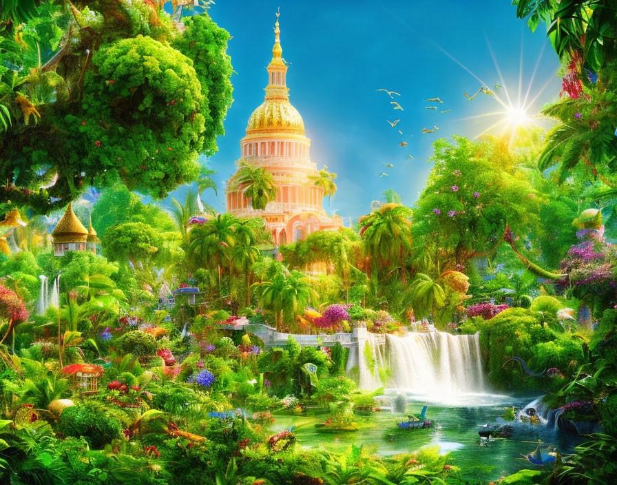 Fantasy landscape with golden palace, lush greenery, waterfalls, river, and flying birds