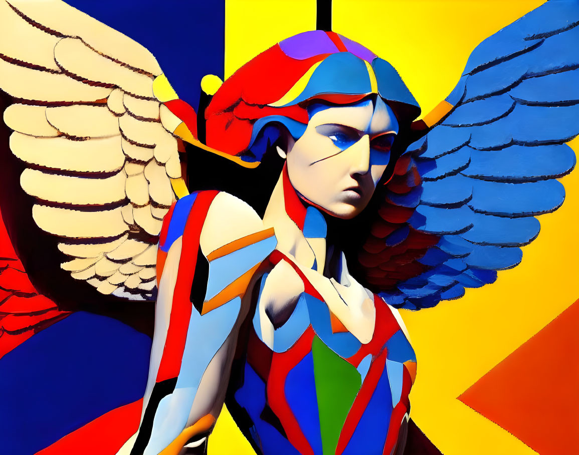 Vibrant cubist angel illustration with geometric forms