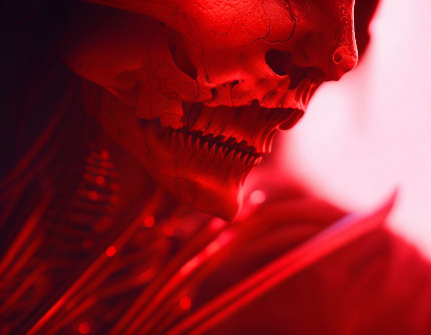 Sinister red-tinted skeletal figure with prominent teeth and jawline