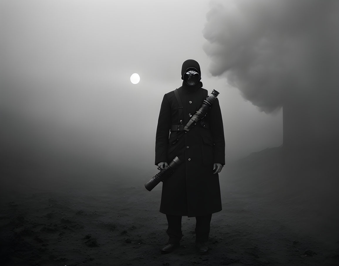 Person in gas mask with weapon in foggy, desolate landscape