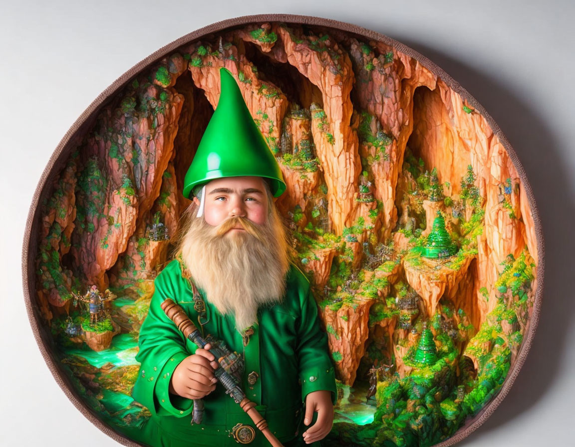 Man in Green Gnome Costume in Front of Forest Diorama