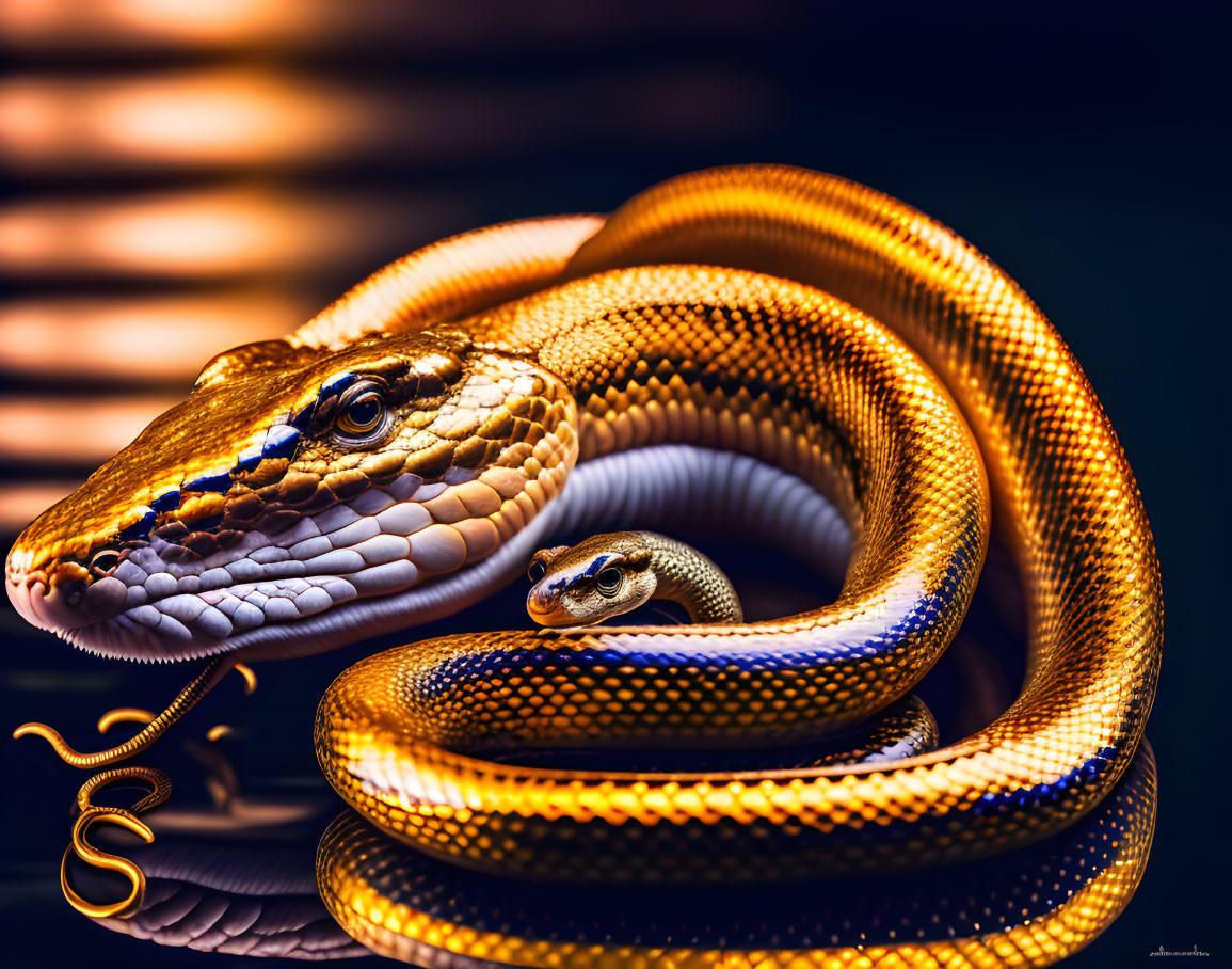 Colorful Snake with Golden and Silver Scales Coiled Gracefully