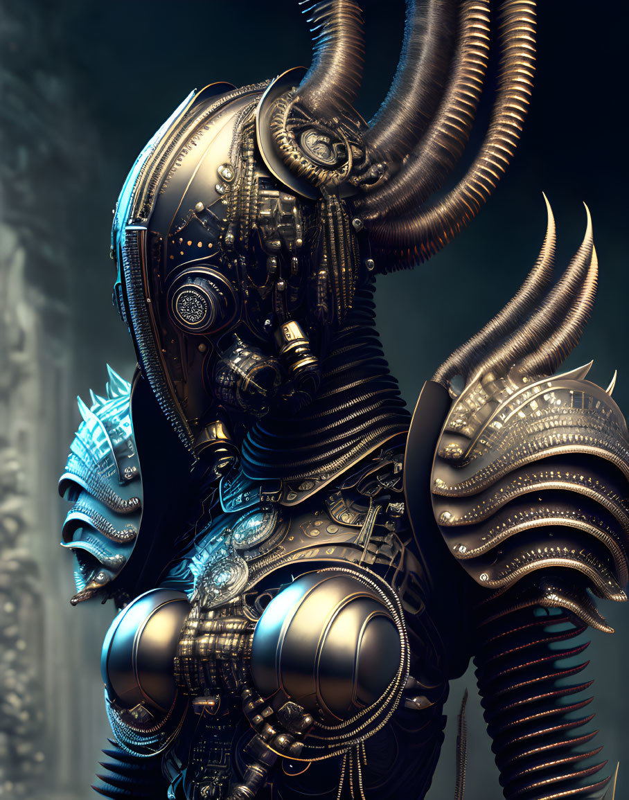 Futuristic robotic figure with curved horns and intricate mechanical parts