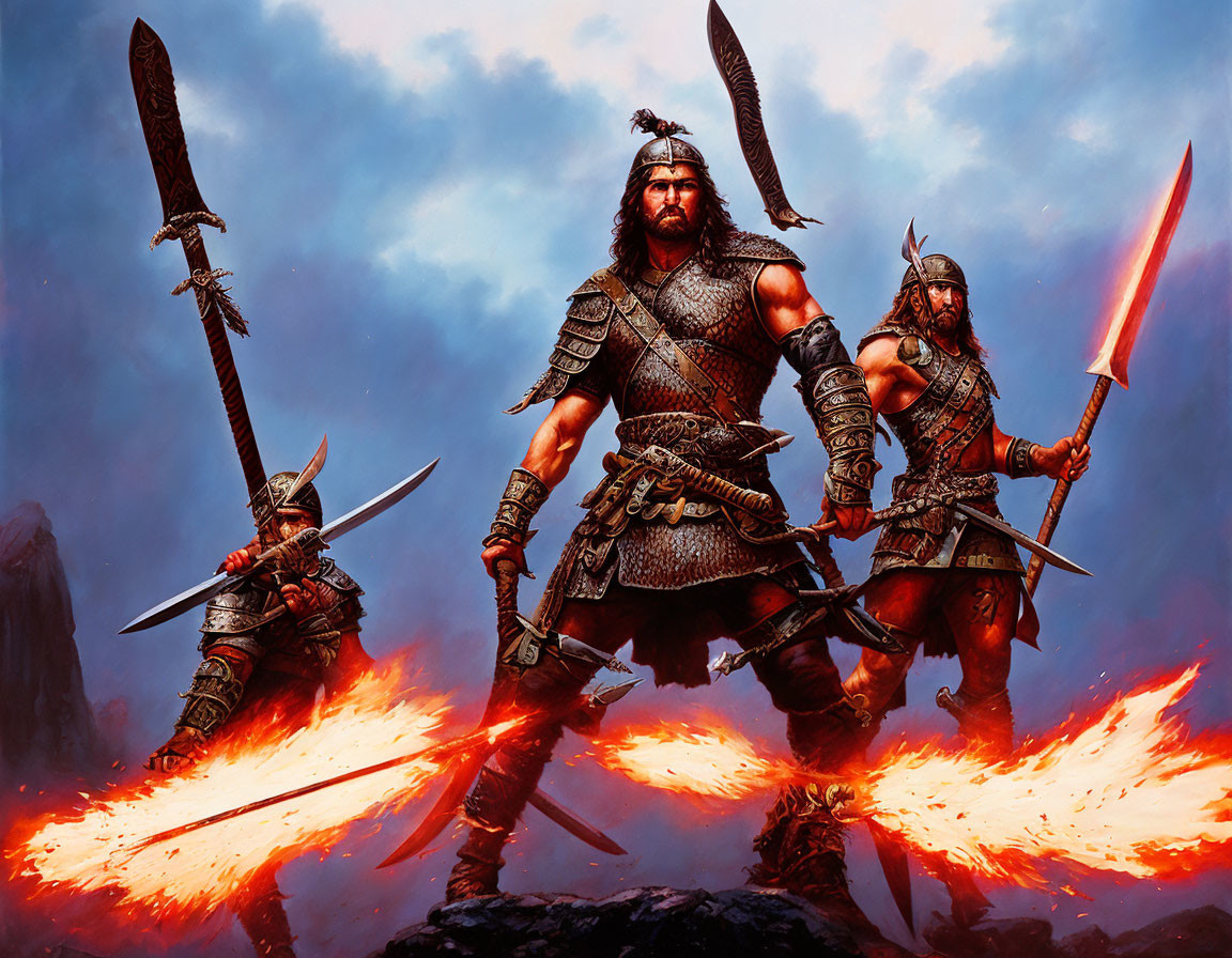 Fantasy warriors with fiery swords in chainmail armor pose under dramatic sky