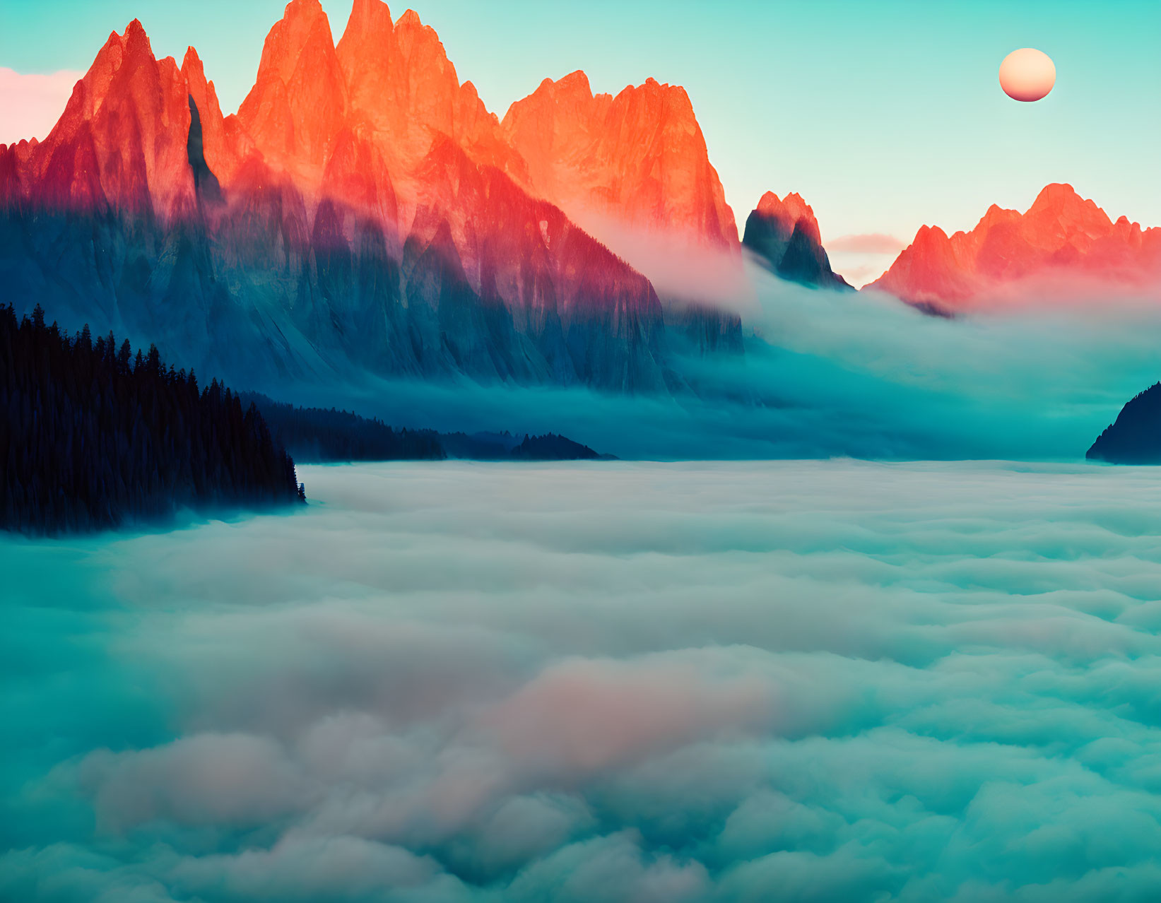 Vibrant sunset over mountain range with cloud-covered peaks