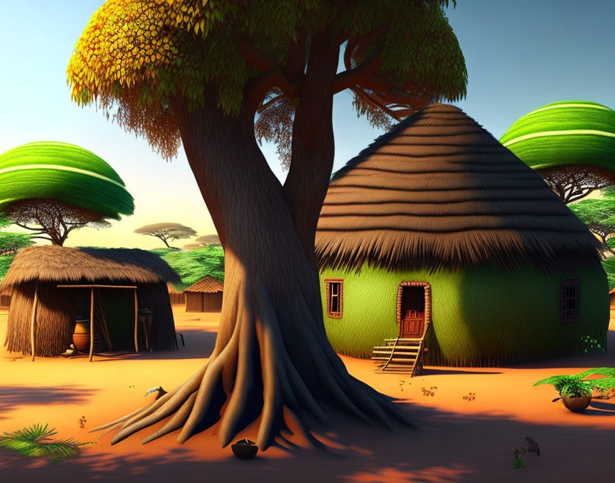 Village scene with thatched-roof huts and stylized trees at sunset