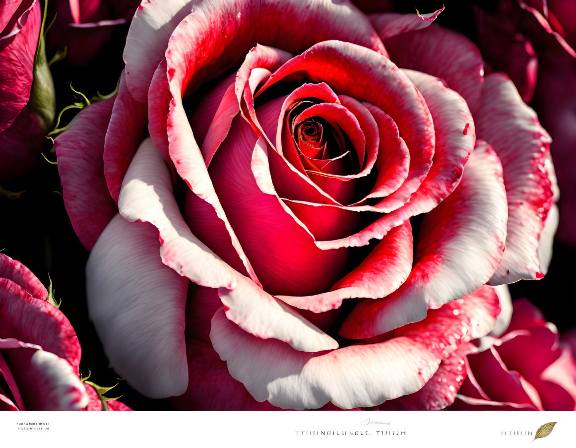 Colorful Close-Up of Red and White-Striped Rose Among Roses