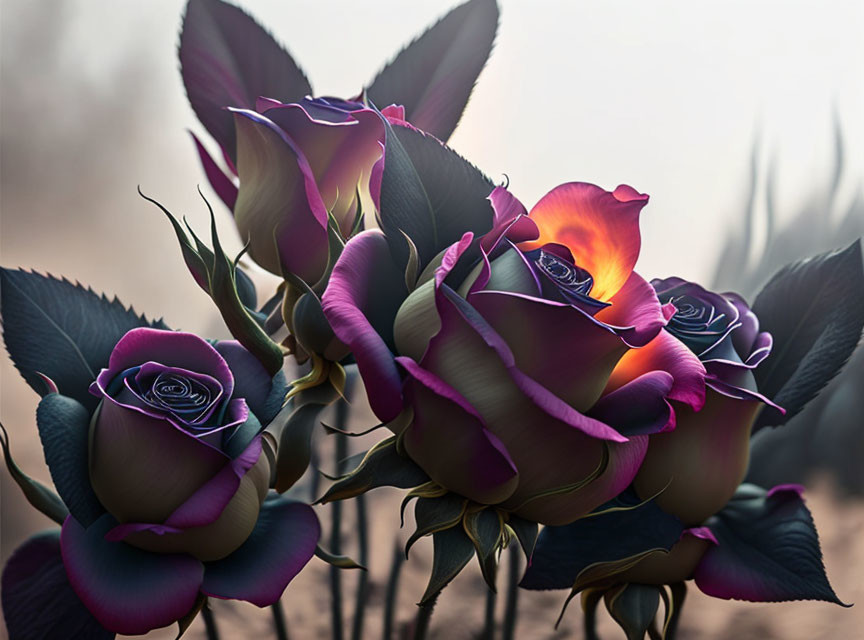 Close-up of Black Roses Bouquet with Purple and Orange Edges on Misty Background