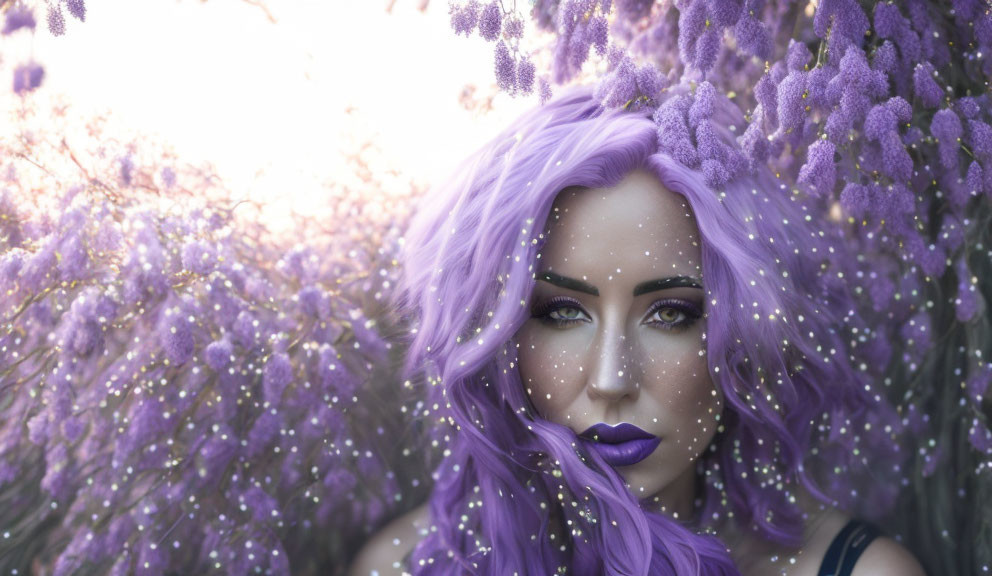 Purple-haired woman surrounded by lilac flowers and sparkles