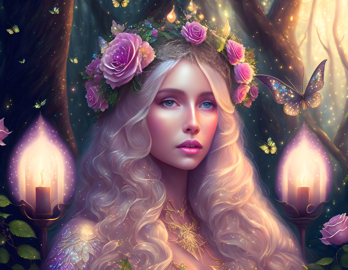 Blonde woman with floral crown in enchanted forest with candles & butterflies