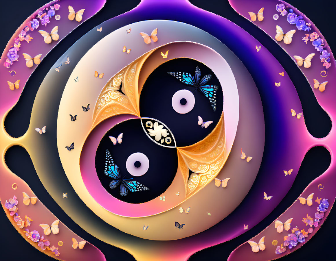 Vibrant Yin and Yang symbol with butterflies and glowing patterns on dark background