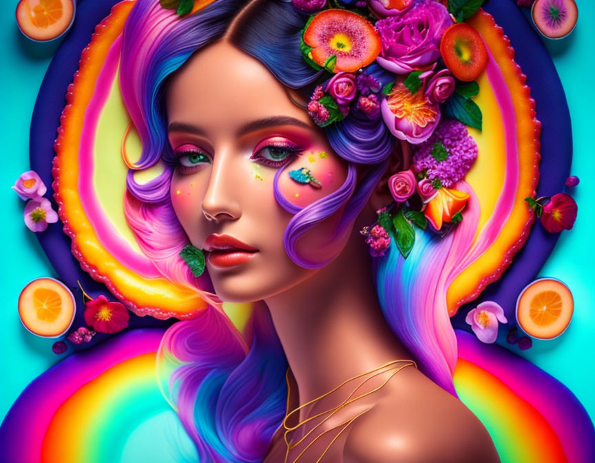 Colorful digital portrait of woman with multicolored hair and floral hair accessories, set against rainbow and