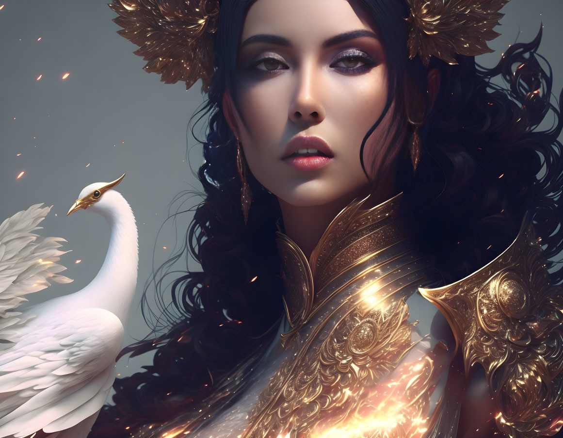 Fantasy portrait: Woman in gold armor with bird, dark wavy hair