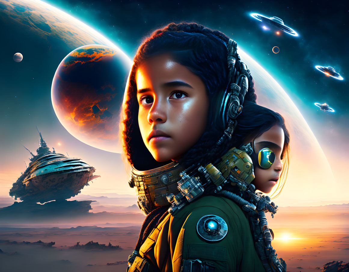 Children in futuristic space gear against vibrant alien sky