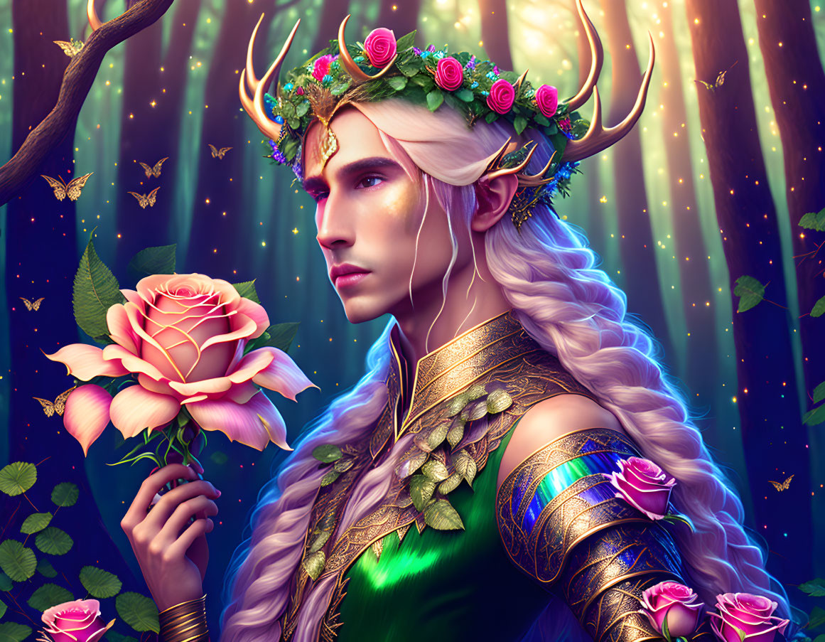 Blonde-haired elf in golden armor with rose in mystical forest