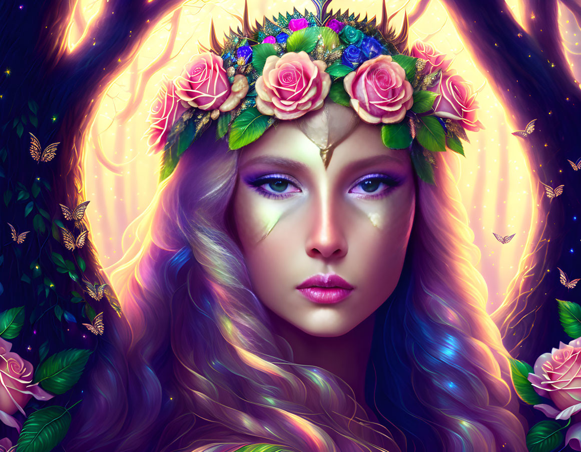 Colorful digital portrait of a woman with multicolored hair and floral crown, surrounded by glowing butterflies