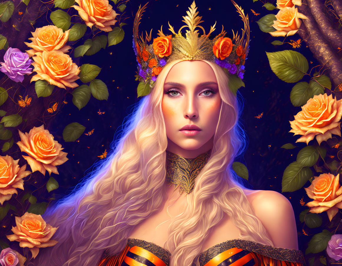 Digital Artwork: Woman with Floral Crown, Roses, and Butterflies