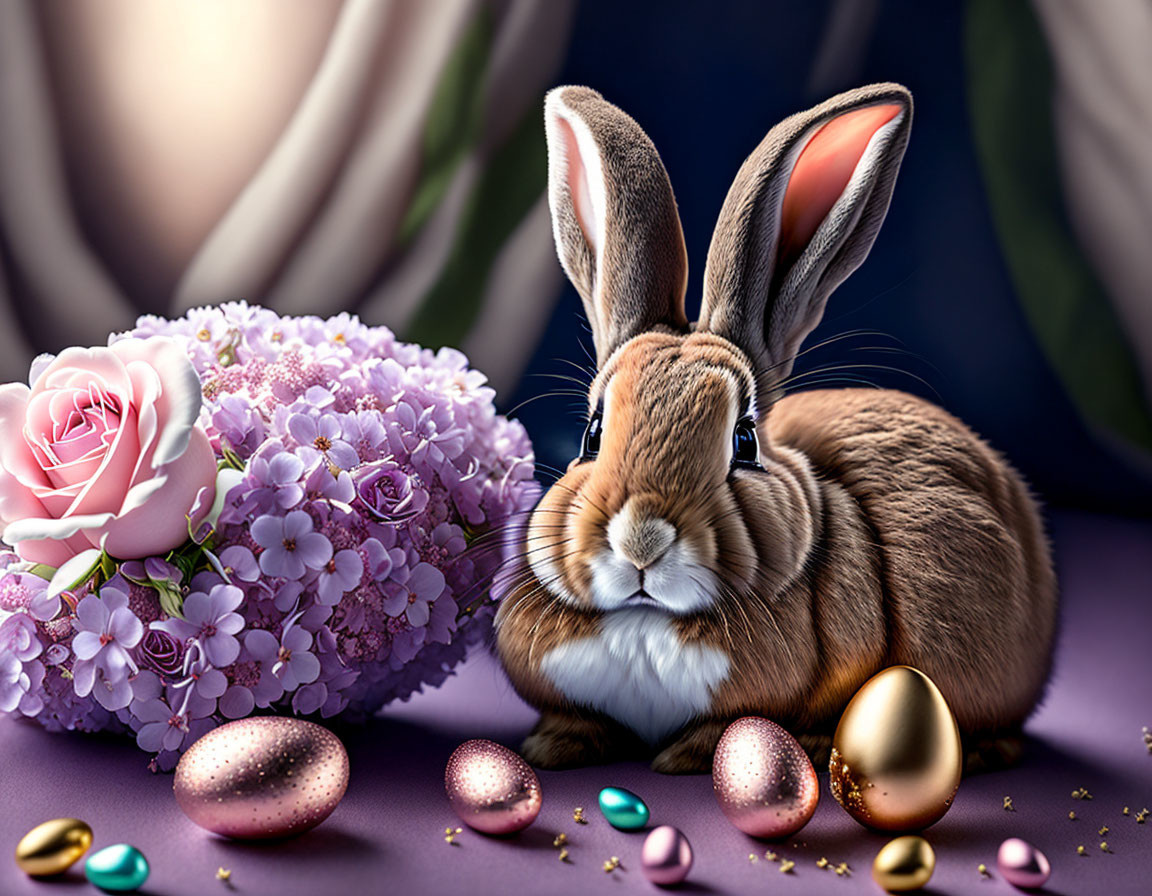 Detailed Brown Rabbit Illustration with Flowers, Easter Eggs, and Purple Backdrop