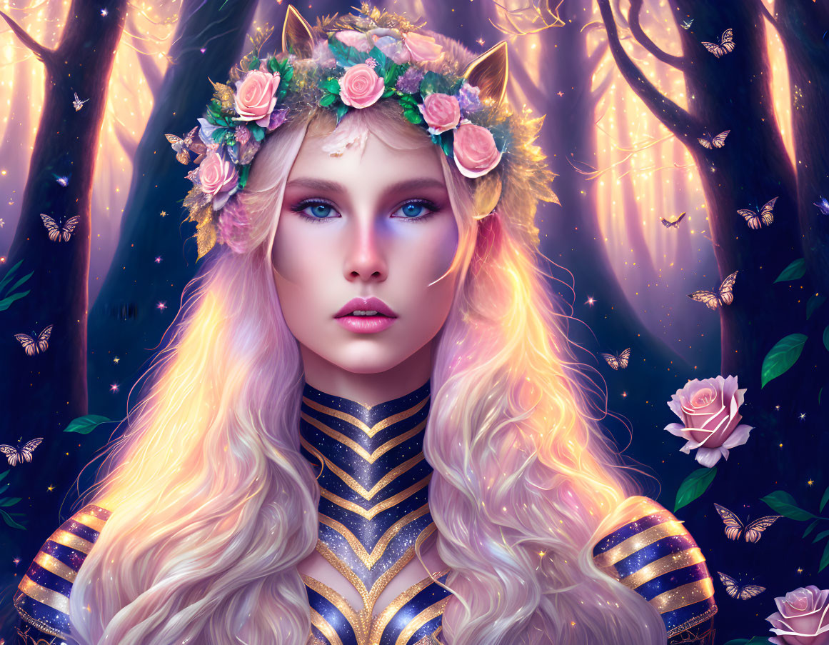 Blonde Woman with Floral Crown in Enchanted Forest and Glowing Butterflies