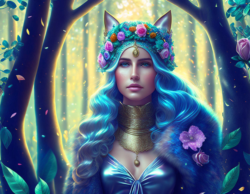 Blue-haired woman in floral cat-ear headpiece in enchanted forest