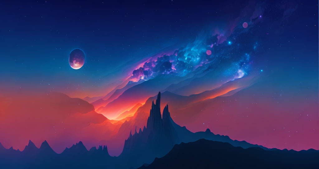 Colorful digital art of mountainous landscape under celestial sky.