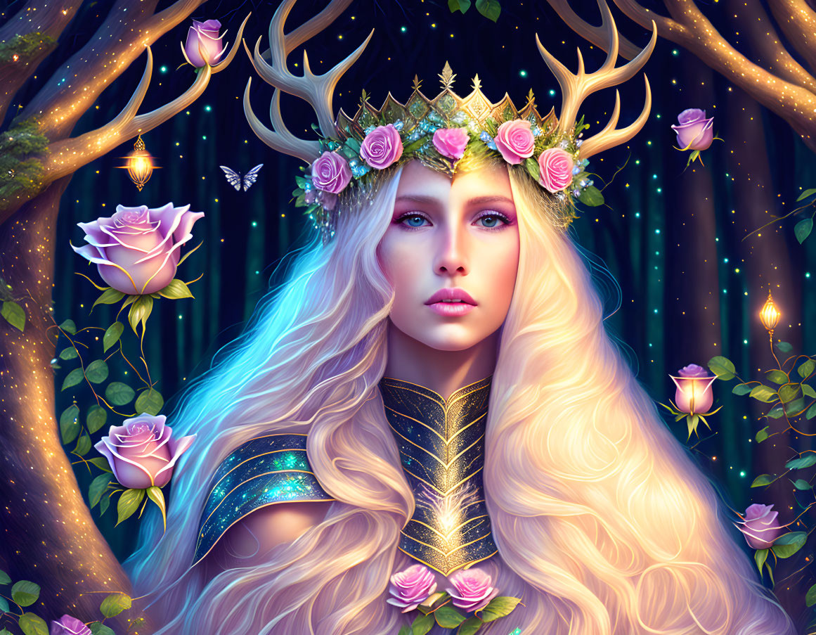 Fantasy illustration of woman with antlers in floral crown amid roses & lights in starry woodland