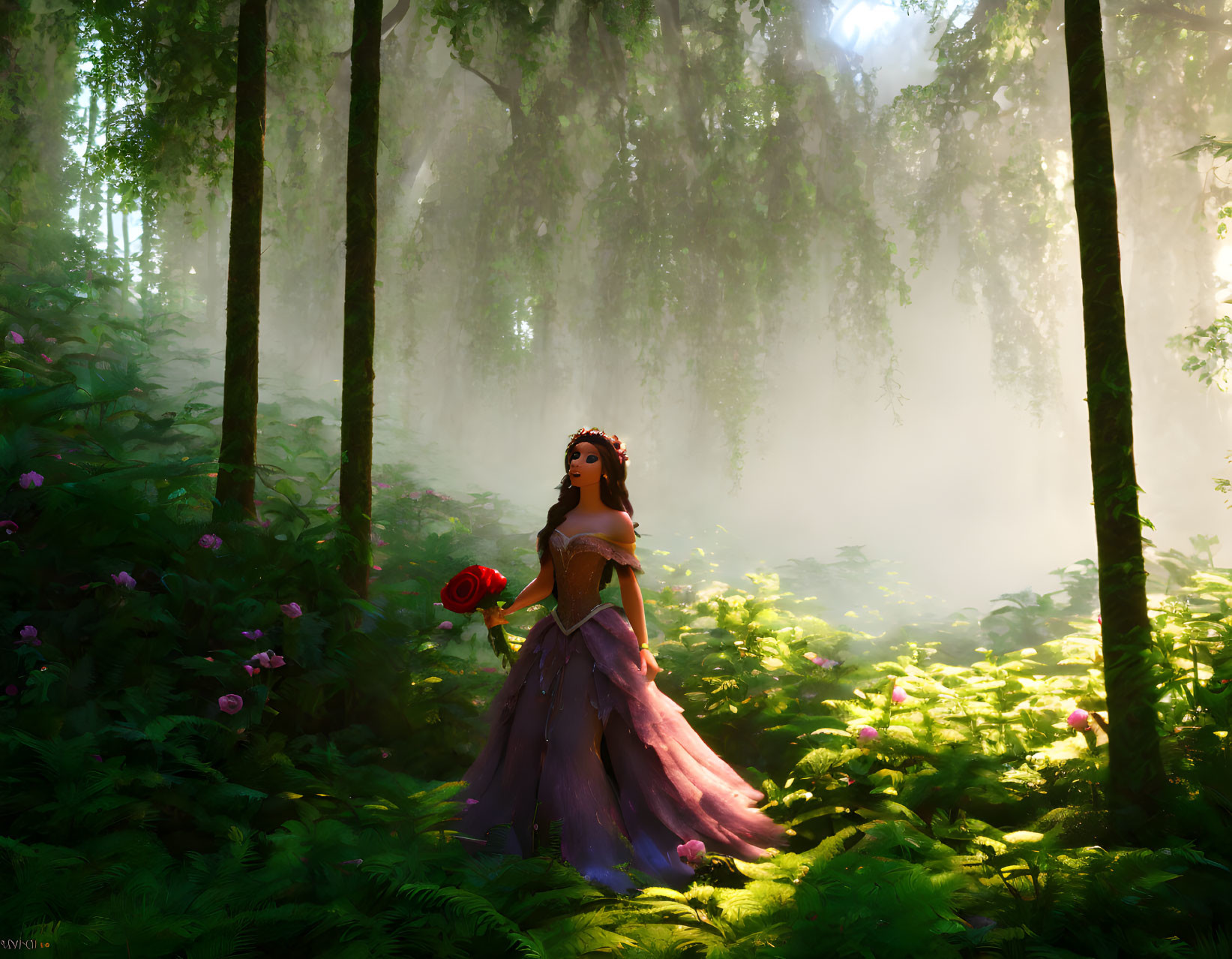 Illustration of woman in purple dress with rose in misty forest