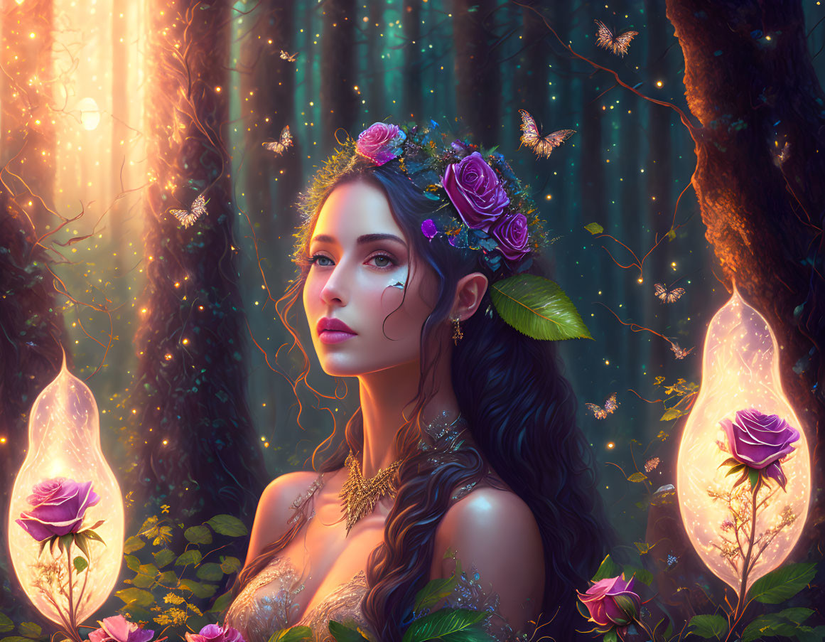 Woman in Floral Crown Surrounded by Enchanted Forest and Glowing Flowers