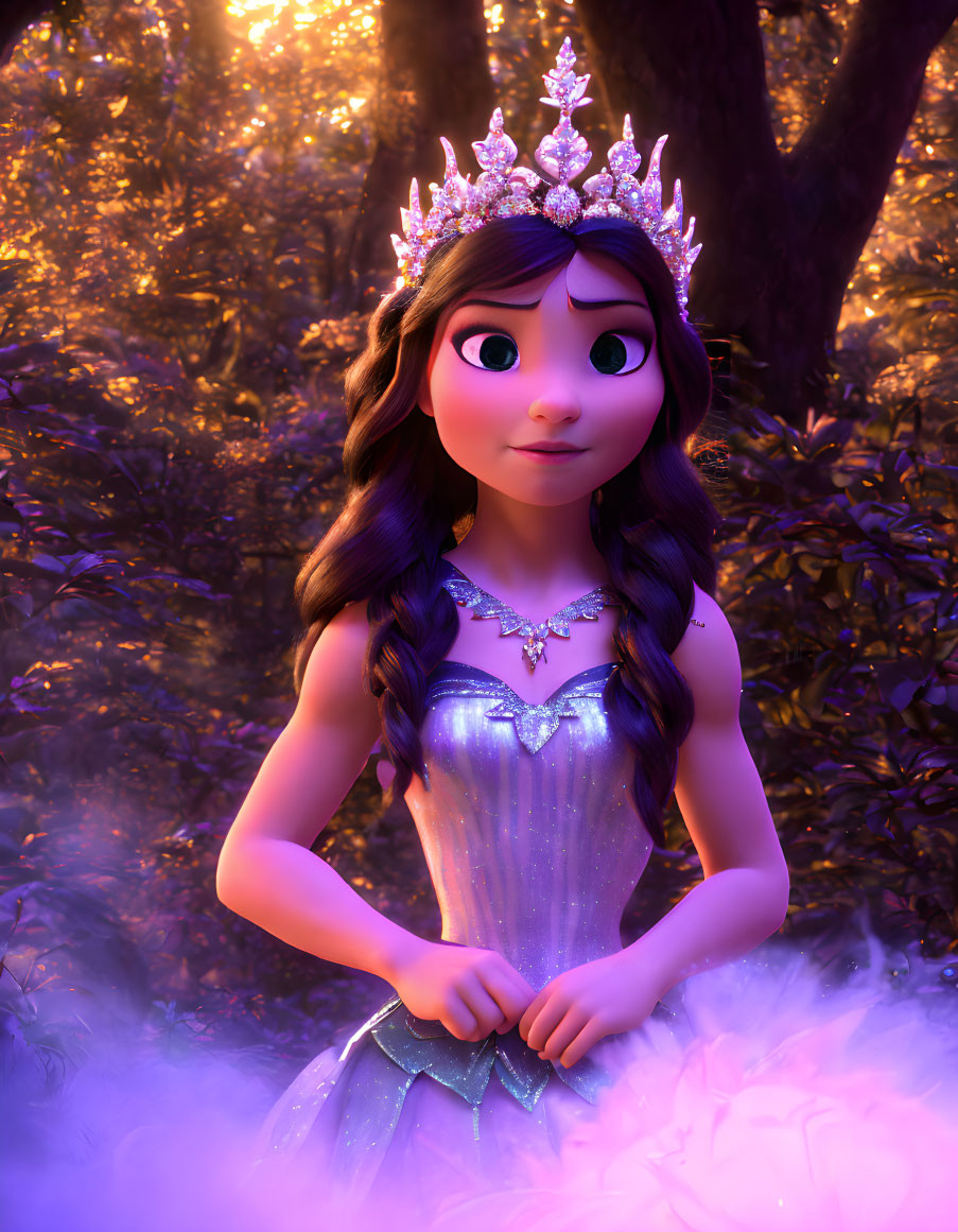 Princess in purple gown with crown in enchanted golden-lit forest