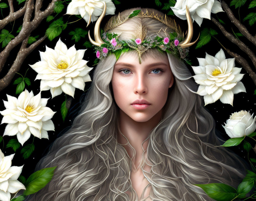 Fantastical portrait of woman with wavy gray hair and floral crown among lush flowers.