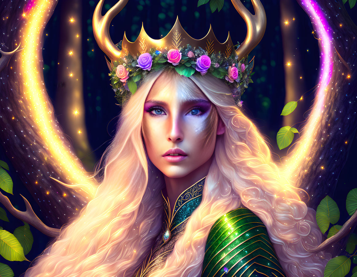 Fantasy illustration of woman with blonde hair and floral crown in green armor, set in mystical forest.