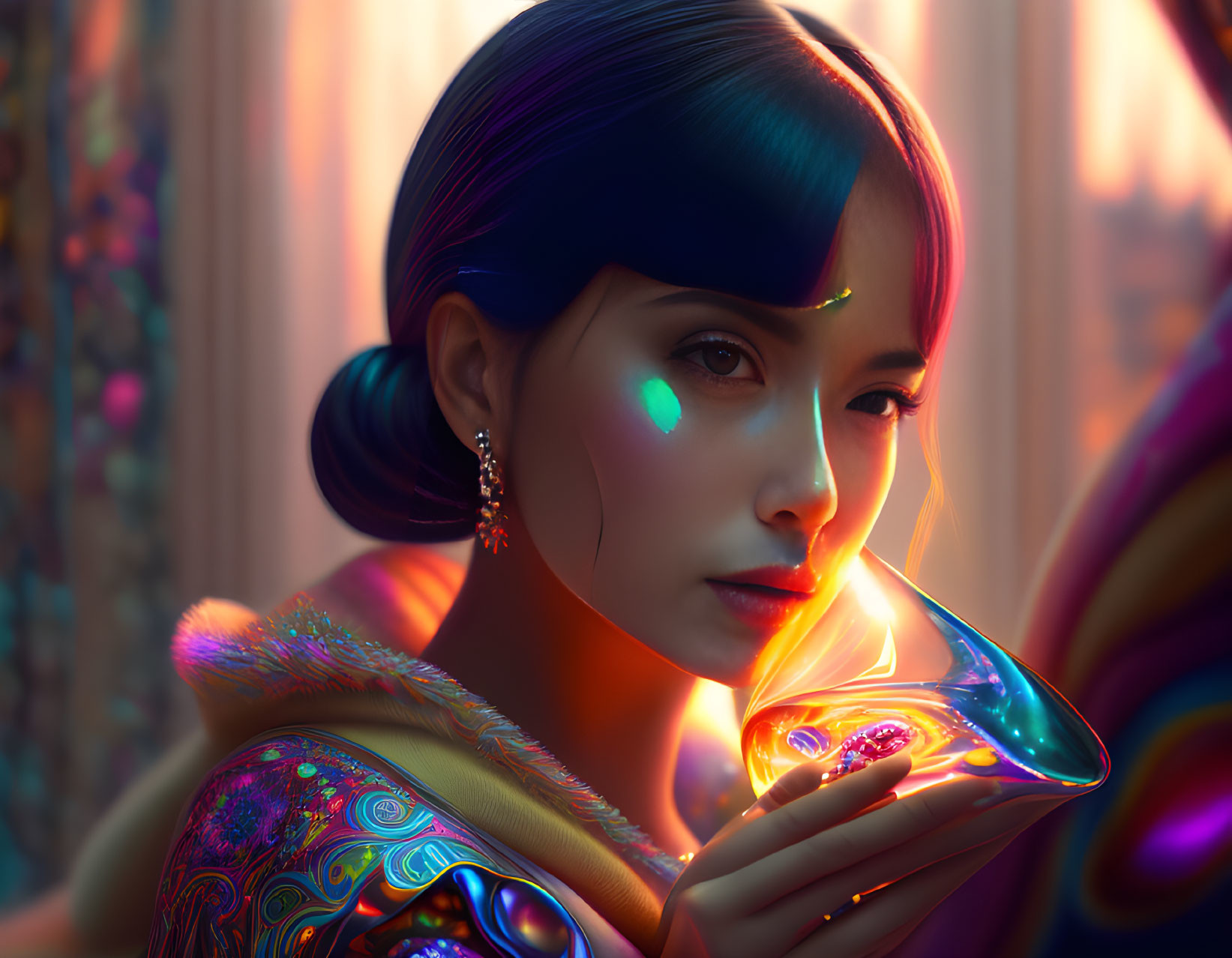 Woman with luminescent makeup holding glowing, ornate object surrounded by rich colors and intricate patterns