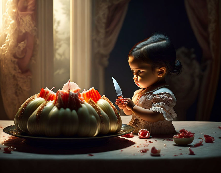 Toddler with knife eyeing ornate fruit dessert on table in dramatic lighting