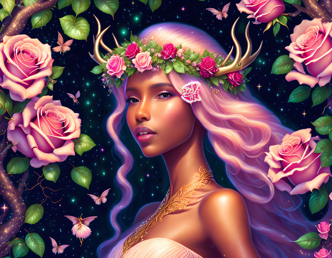 Mystical woman with floral antlers in a starry setting