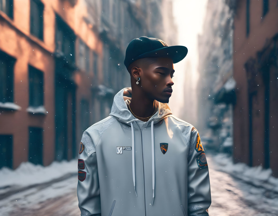 Stylish person in hooded jacket and cap on snowy street