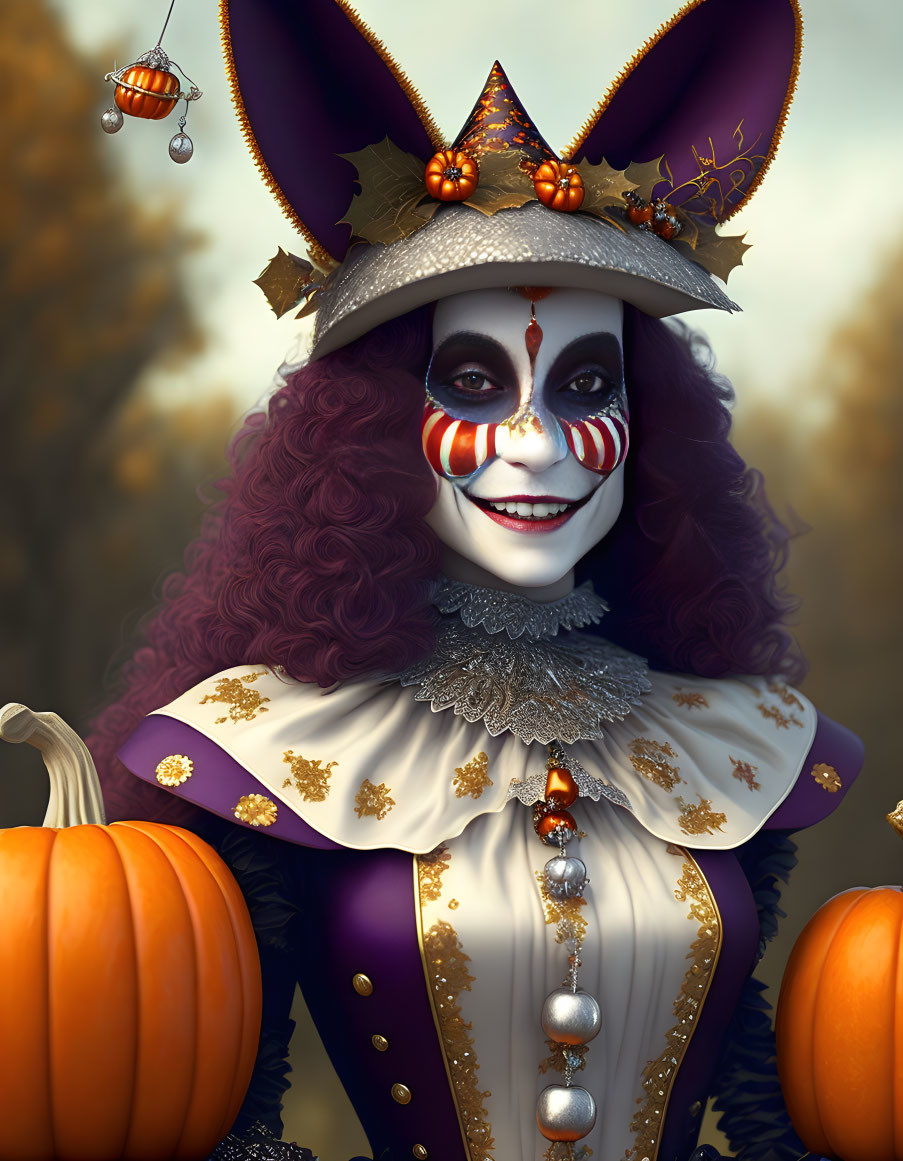 Clown character in witch hat with pumpkins, Halloween theme