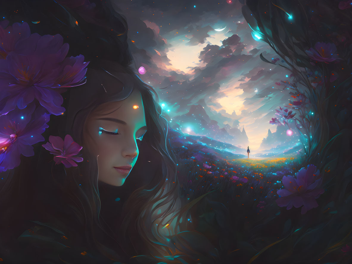 Fantasy illustration of woman's face in night sky with mystical path.