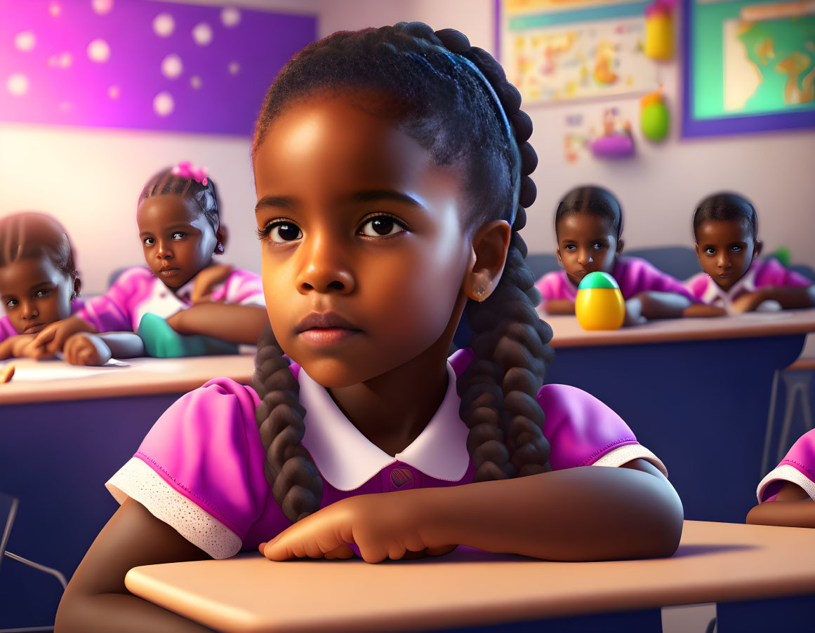 Young girl in pink uniform with braided hair surrounded by classmates at classroom desk