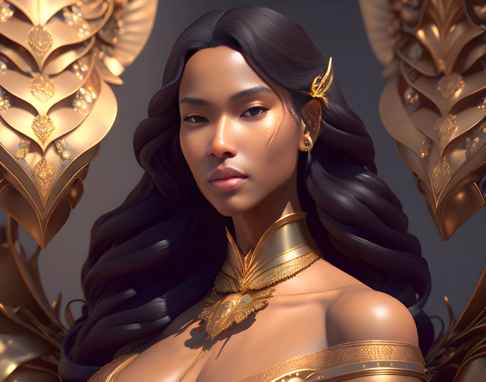 Intricate digital portrait of a woman with golden jewelry