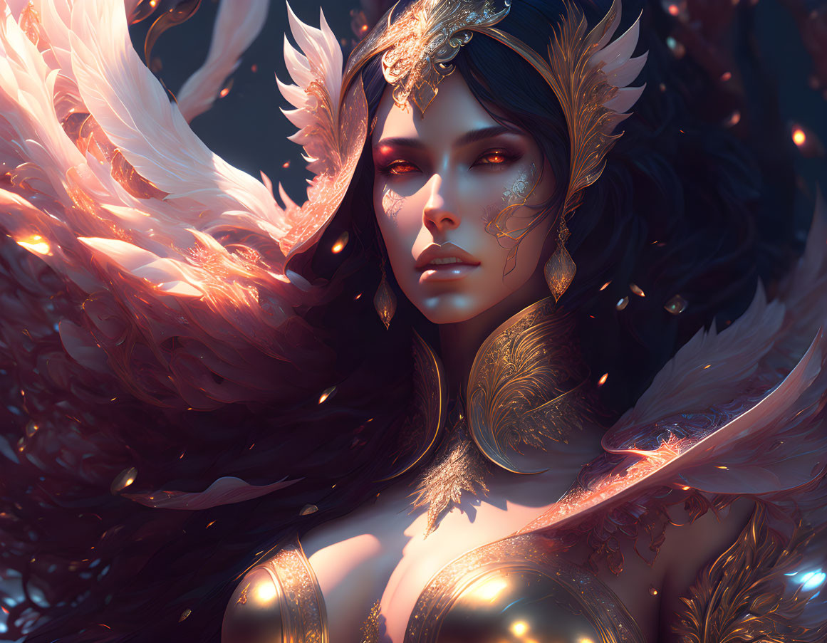 Ethereal woman adorned in golden accessories and luminous feathers