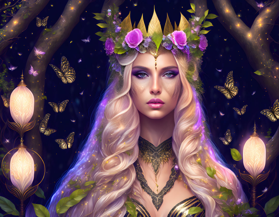 Ethereal digital artwork: woman with flower crown and butterflies in twilight forest