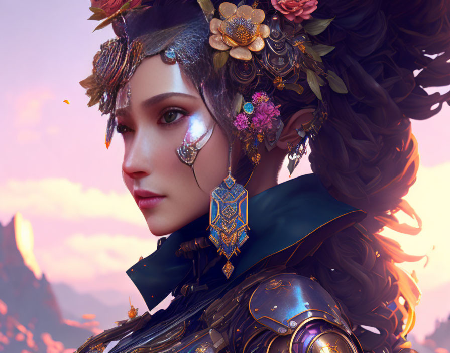 Digital Artwork: Woman with Elaborate Floral and Armored Headgear