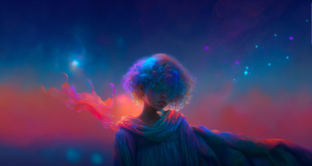 Person with Curly Hair Surrounded by Vibrant Neon Colors