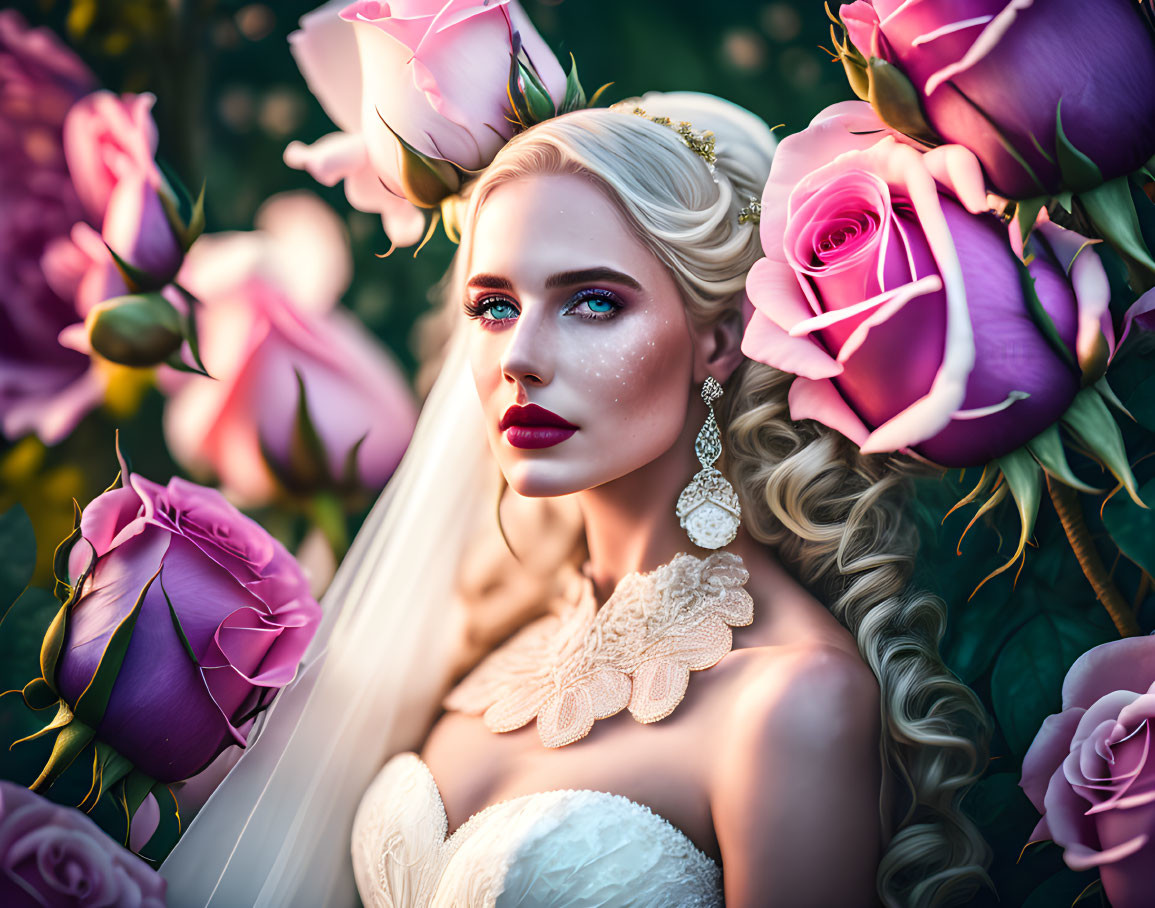 Woman in bridal gown with intricate makeup surrounded by pink roses