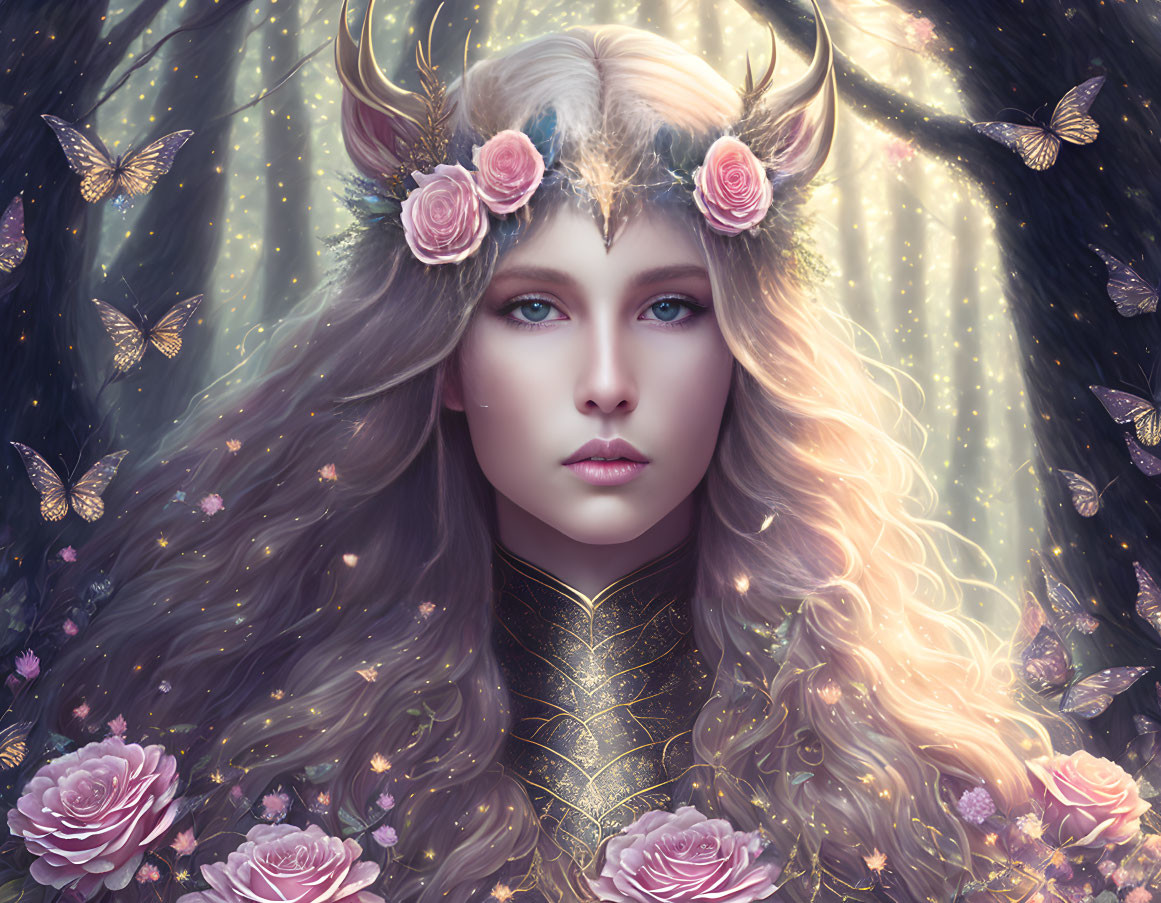 Illustration of woman with antlers and roses, surrounded by glowing butterflies in starry scene