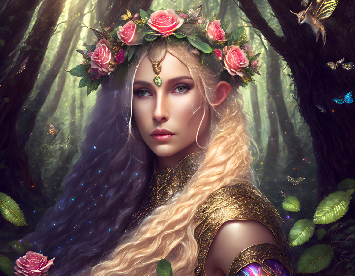 Fantasy portrait of woman with floral crown in enchanted forest