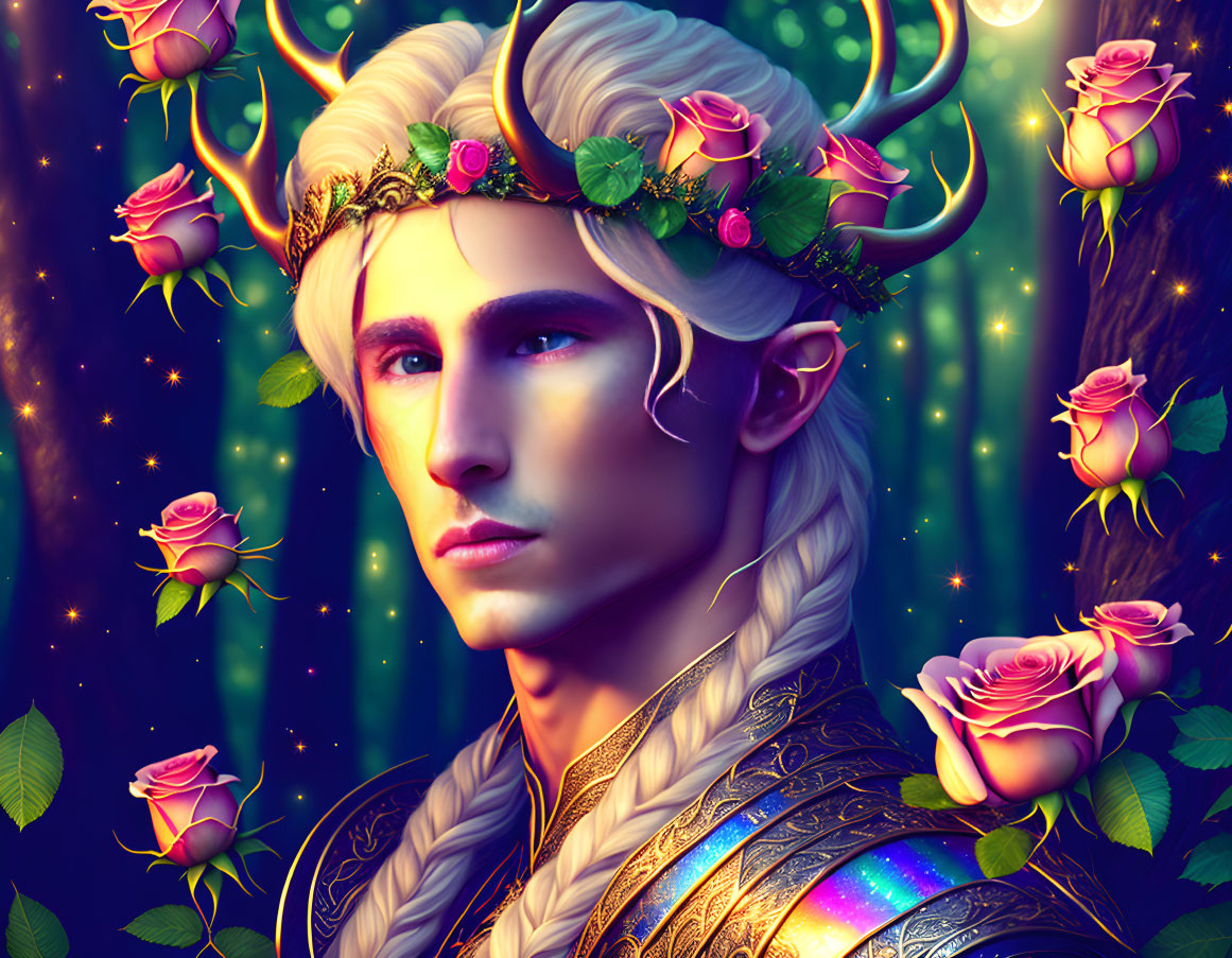 Ethereal elf with floral crown in mystical forest landscape