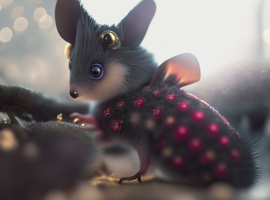 Whimsical digital art: Mouse with bright eyes and berry cape in soft-focused background